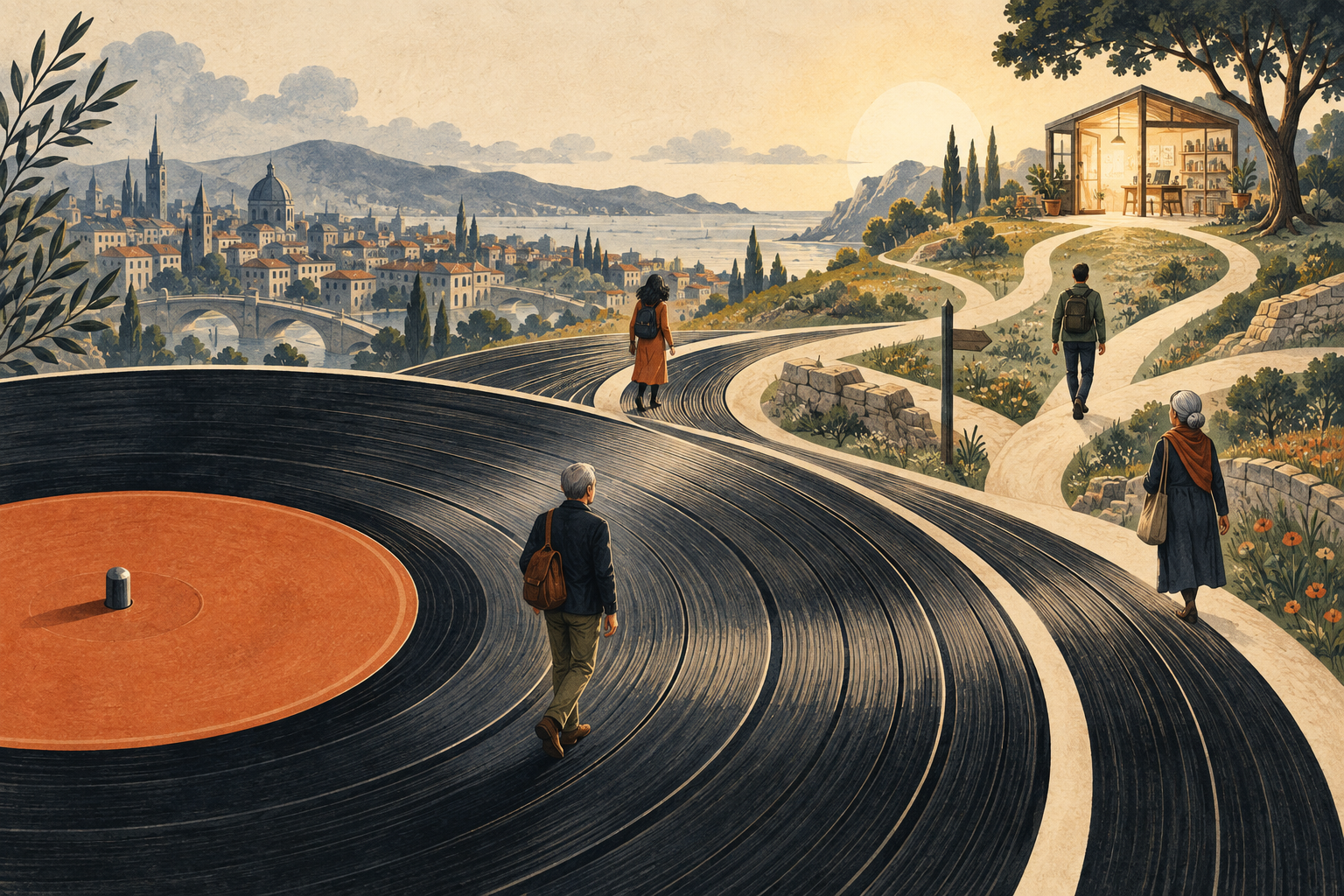 Concept illustration of vinyl-record grooves becoming branching paths, with adults of different ages walking toward a workshop.