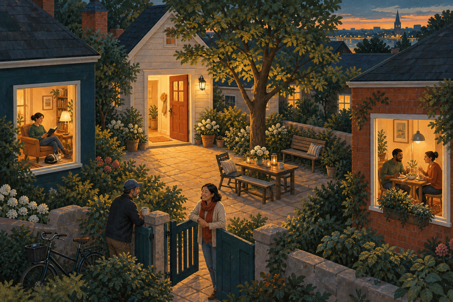 An imagined neighborhood at dusk: someone reads comfortably at home, two people share dinner, and neighbors talk beside an open gate.