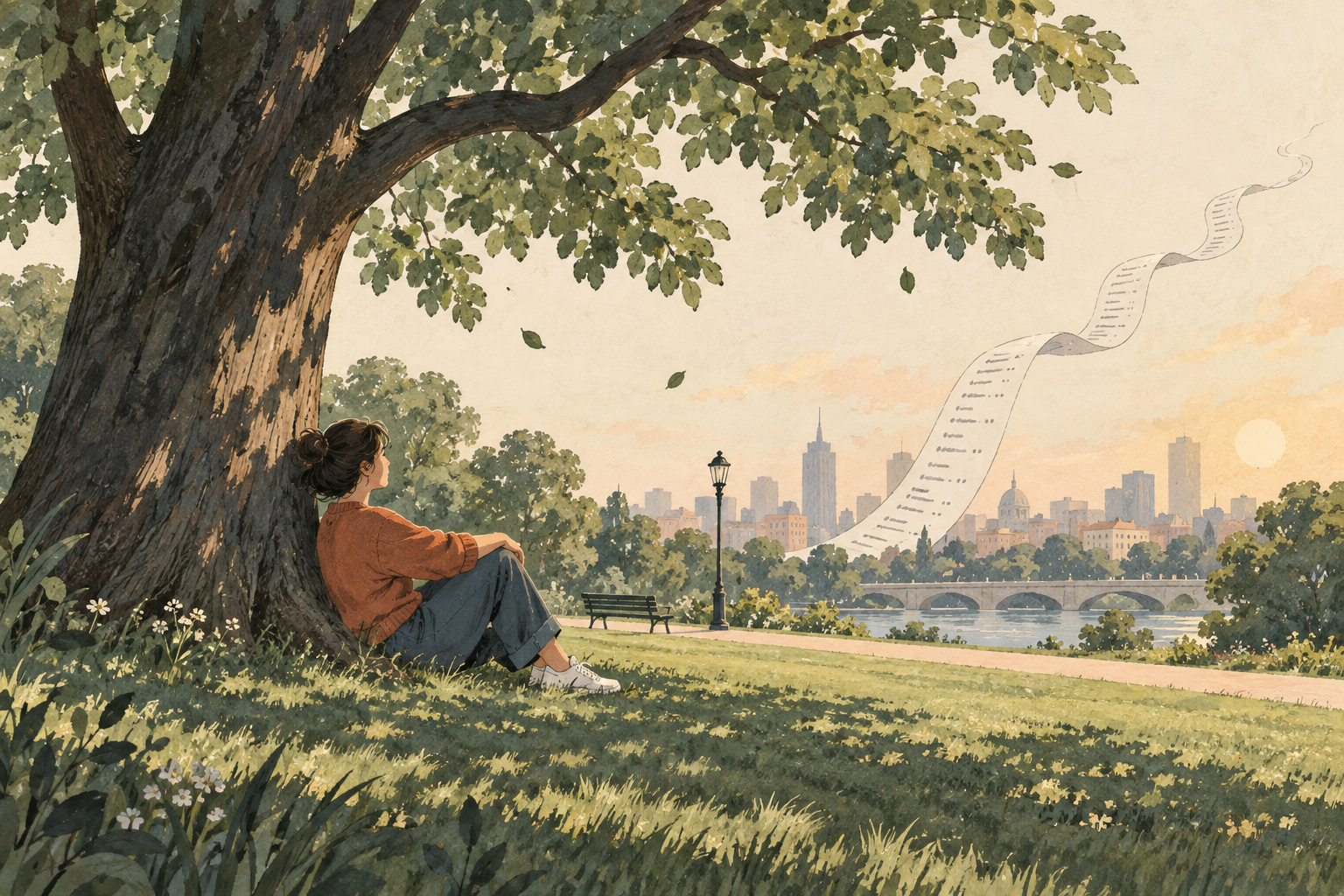 An adult resting beneath a broad tree while a receipt-like ribbon drifts away toward a distant city.