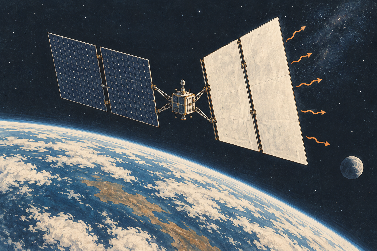 Conceptual orbital computer with dark solar panels collecting energy and pale radiator panels releasing heat into space.
