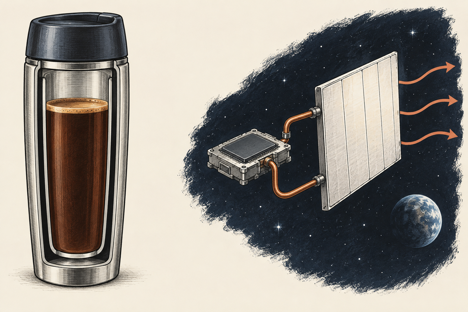 Conceptual comparison of a cutaway vacuum flask and a computer connected to a radiator in space.